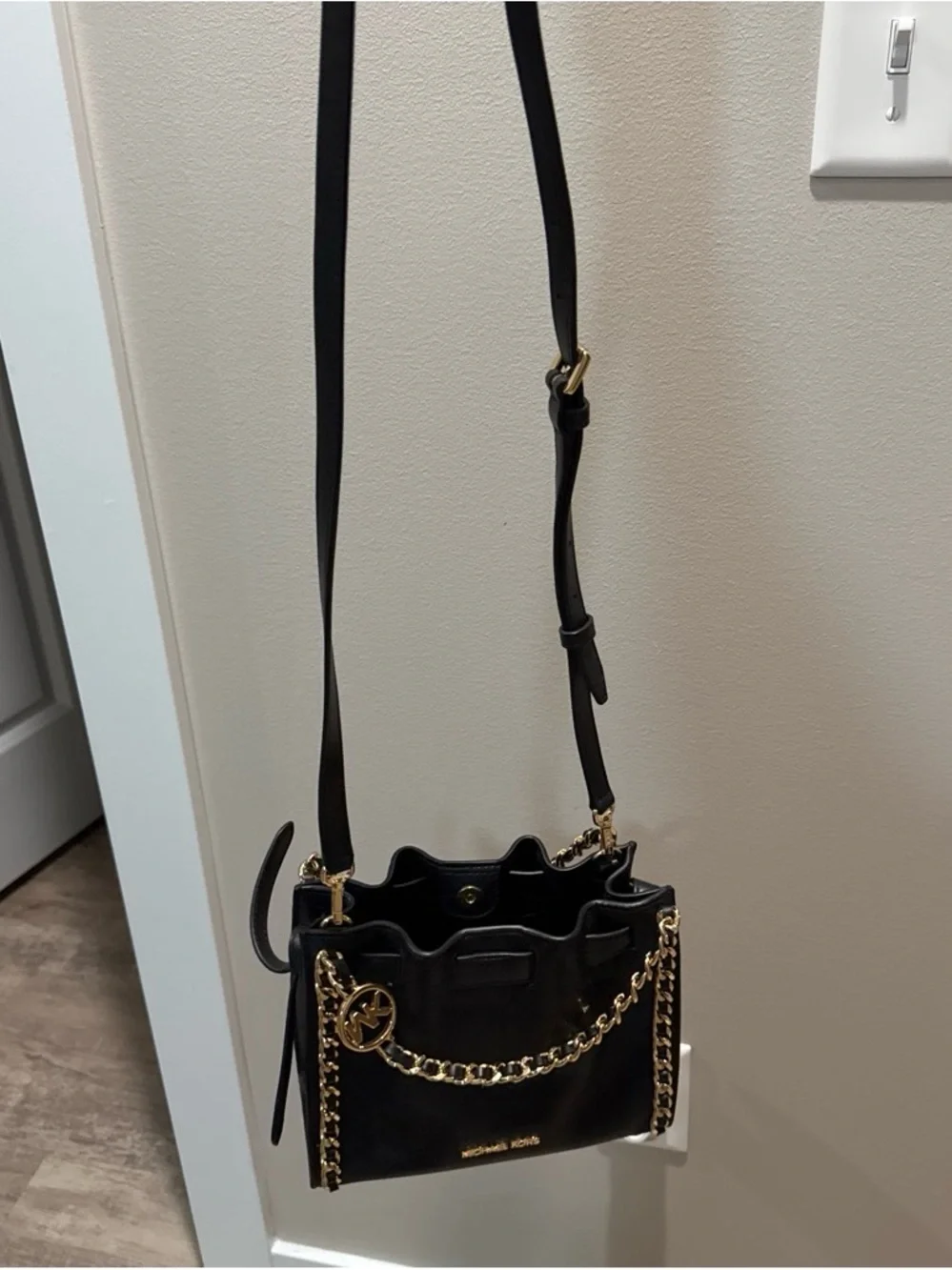Michael Kors Black Leather Mini Chain Tote with Gold Hardware